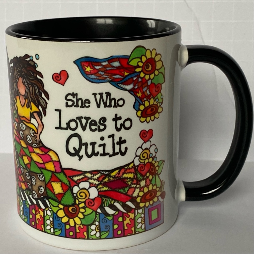 Quilter Mug “She Who Loves To Quilt” Quote Coffee Tea Ceramic Orca Coatings EUC